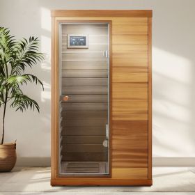 Red cedar Mini one person far infrared glass door on the left of the indoor sauna room Red cedar Mini one person far infrared glass door on the left of the indoor sauna room
